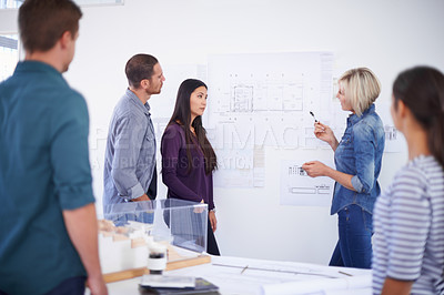 Buy stock photo Architecture, coaching and blueprint with developer team in office together for meeting or planning. Building, collaboration or learning with man and woman architect group in workplace for design