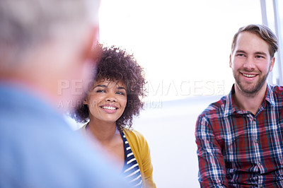 Buy stock photo Smile, team or business people in meeting, discussion or planning project in creative startup for collaboration. Happy group, diverse designers or conversation for brainstorming strategy with manager