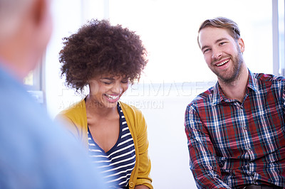 Buy stock photo Funny, team and business people in meeting, discussion or story in creative startup office for collaboration. Happy group, diverse designers and laugh at conversation, joke or staff talking together