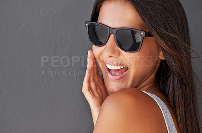 Buy stock photo Fashion, mockup or woman in sunglasses laughing in studio on grey background for cool eyewear or style. Trendy model, happy lady or funny person isolated with stylish accessory, smile or edgy shades