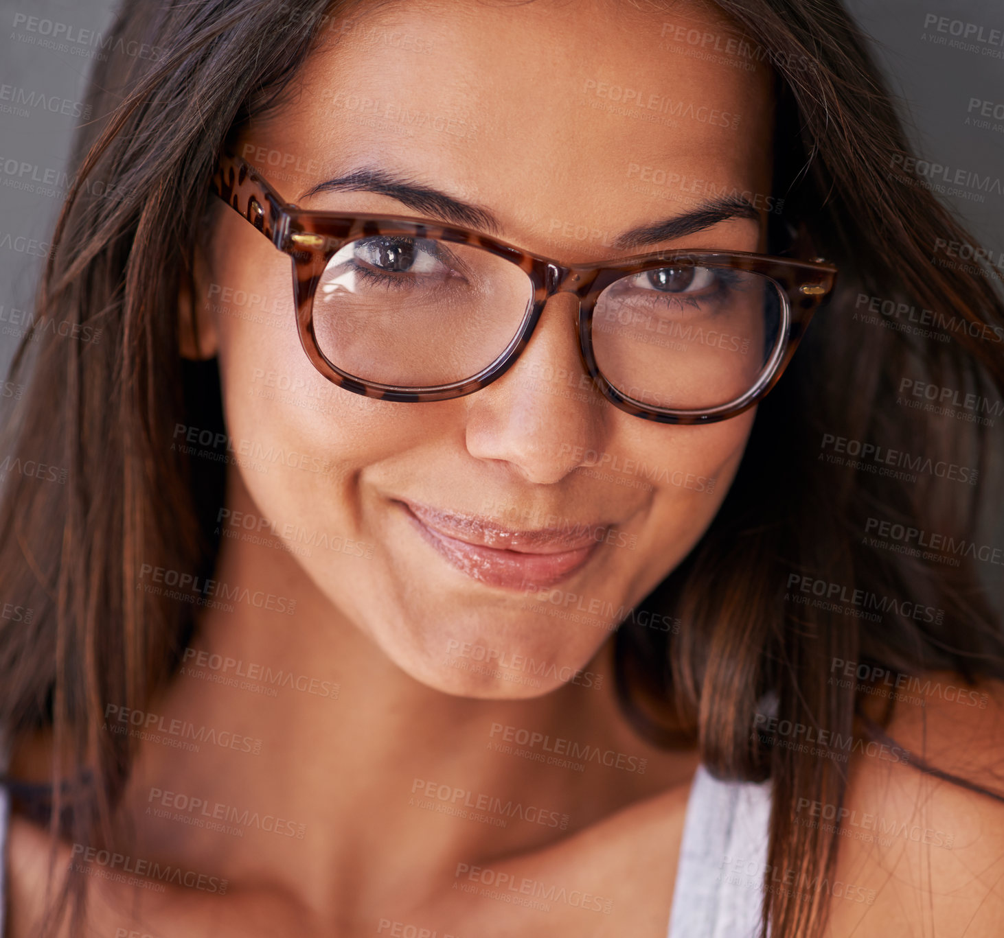 Buy stock photo Woman, face and smile with glasses and eye care, vision with designer frame and prescription lens. Portrait, healthcare and female model with fashion eyewear, eyes with optometry and closeup