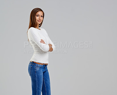 Buy stock photo Portrait, confidence and woman in studio for fashion isolated on white background mockup space. Arms crossed, young person or student in casual clothes, jeans or trendy style on backdrop in Argentina