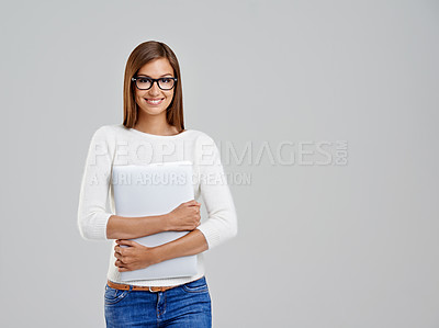 Buy stock photo Portrait, happy woman and student with laptop in studio isolated on a white background mockup space. Glasses, computer and person in casual clothes with tech for internet, email or learning in Italy