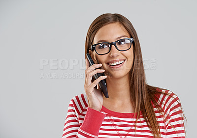 Buy stock photo Phone call, glasses and girl in studio with smile, communication or help desk for students. Contact, smartphone and happy gen z woman on white background, mockup and university callcenter for advice