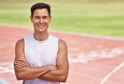 Buy stock photo Athlete, portrait or positive for fitness on stadium, arms crossed or commitment to wellness as running professional. American, man or face for confident in sport, outdoor or training for health body