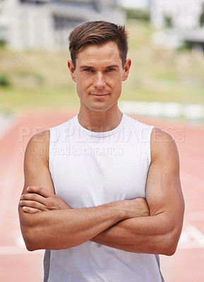Buy stock photo Athlete, portrait or serious for fitness on stadium, arms crossed or commitment to wellness as running professional. American, man or face for confident in sport, outdoor or training for health body