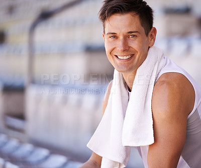 Buy stock photo Athlete, portrait or positive for sport on stadium, confident or commitment to wellness as running professional. American, man and face for exercise in outdoor and fitness for health or performance