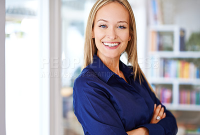 Buy stock photo Businesswoman, portrait and happy with confidence in home office, self employed and lawyer or attorney for legal advice. Female person, arms crossed and professional counsel for corporate career.