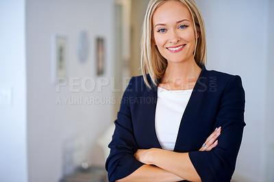 Buy stock photo Smile, confidence and portrait of businesswoman in house, home or apartment with happiness for corporate career. Female person, employee and legal worker as lawyer, attorney or solicitor in Amsterdam