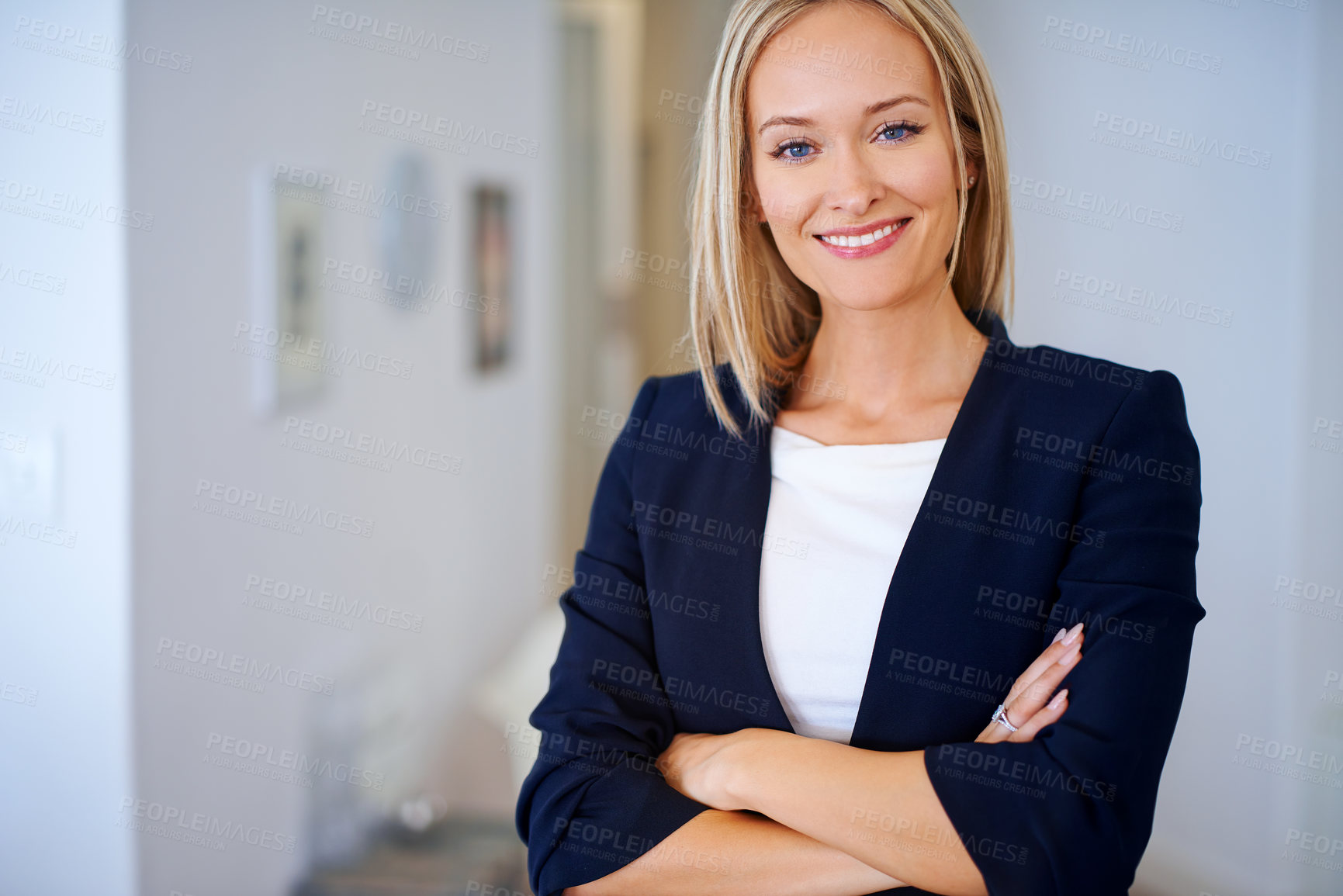 Buy stock photo Smile, confidence and portrait of businesswoman in house, home or apartment with happiness for corporate career. Female person, employee and legal worker as lawyer, attorney or solicitor in Amsterdam