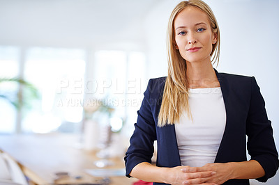 Buy stock photo Corporate woman, office and confident at work with startup  business and company as hr. Portrait, female person and satisfied on career with growth, progress and job as entrepreneur in boardroom