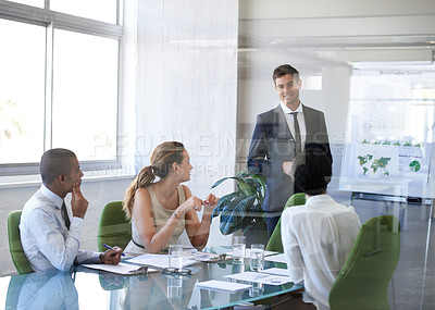 Buy stock photo Business man, presentation and growth meeting of sustainable management team with global chart. Speaking, businessman and sales training of staff working in a conference room with transport strategy