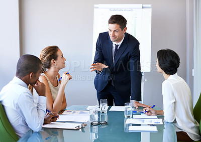 Buy stock photo Business man, speaker and meeting of a corporate management team with sales talk. Speaking, businessman and agency collaboration of company staff working in a conference room with vision strategy