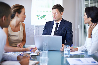 Buy stock photo Coworker, office and meeting with laptop for discussion on contract, paperwork and teamwork or collaboration. Business people, boardroom and boss in table with strategy, feedback and company growth.