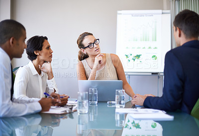 Buy stock photo Vision, team and business woman in meeting, presentation and listening for idea in office, workspace or agency. Leader, people and workers with diversity in corporate career, banking and consulting