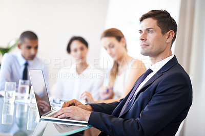 Buy stock photo Businessman, thinking and office with laptop, corporate environment with online technology. Consultant, idea for teamwork collaboration, partnership and web search for administrator and employees