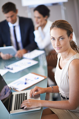 Buy stock photo Businesswoman, laptop and chart in office portrait with employees, working with technology and statistic results. Online, data and analysis in boardroom with colleagues, web search and internet