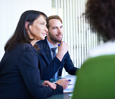 Buy stock photo Business, partnership and employees in meeting, presentation or listening in office, workspace or conference room. Workers, people and team at workshop in corporate career, finance or banking