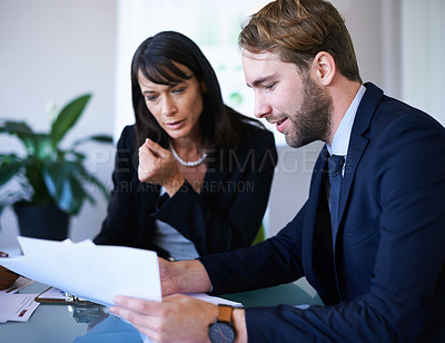 Buy stock photo Business people, teamwork and boardroom meeting or  paperwork or financial growth, partnership or coworkers. Man, woman and document in conference room or review, project planning or problem solving
