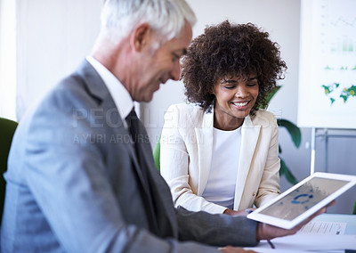 Buy stock photo CEO, happy team and business people in training with tablet, teaching and internship in office. Manager, tech and senior mentor coaching woman, planning or diverse financial consultants in discussion