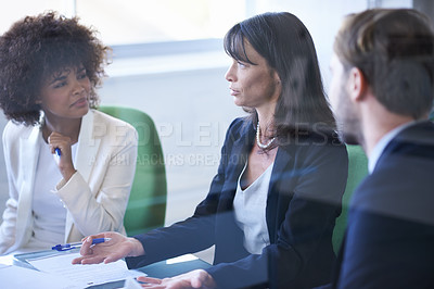 Buy stock photo Business people, teamwork and meeting with discussion in office for corporate planning, brainstorming and diversity. Professional, employees and collaboration in boardroom with lens flare or feedback