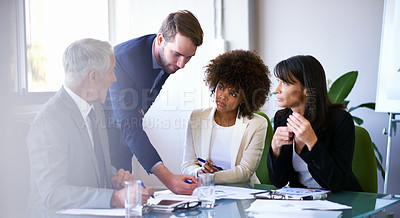 Buy stock photo Business people, teamwork and meeting with brainstorming in office for financial review, listening and diversity. Professional, employees and collaboration in boardroom with lens flare and feedback
