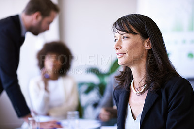 Buy stock photo Business meeting, employee and woman daydreaming with smile in boardroom of corporate company. Thinking, leader and female person with happiness, professional and girl with fantasy of promotion