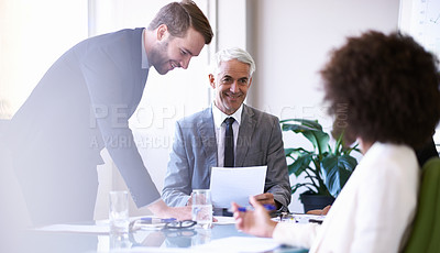 Buy stock photo Business meeting, contract and smile of HR with employee, professional and office of corporate company. Happiness, woman and man sign paperwork of sales agreement on desk or table for job and career