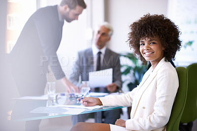 Buy stock photo Desk, contract and portrait of woman with smile for career or job of bookkeeping for investment business. Writing, female person and girl in meeting with men, boss and HR of company for employment