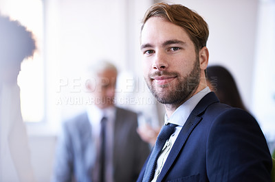 Buy stock photo Cropped view of a young businessman in a meeting