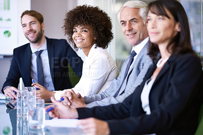 Buy stock photo Boardroom, teamwork and business people in a meeting, planning and professional with idea or feedback. Staff, group or legal aid with attorney or cooperation for brainstorming, corporate or listening