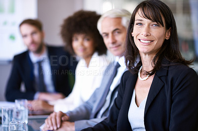 Buy stock photo Portrait, woman or executive in business, meeting or planning of company, corporate or collaboration. Businesswoman, colleague or team in conference room as professional, teamwork or conversation