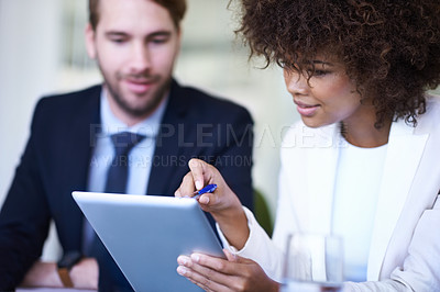 Buy stock photo Business, meeting and discussion with diversity, tablet and technology in office. Businessman, woman and idea for teamwork, planning and support for corporate brainstorming with staff or partnership