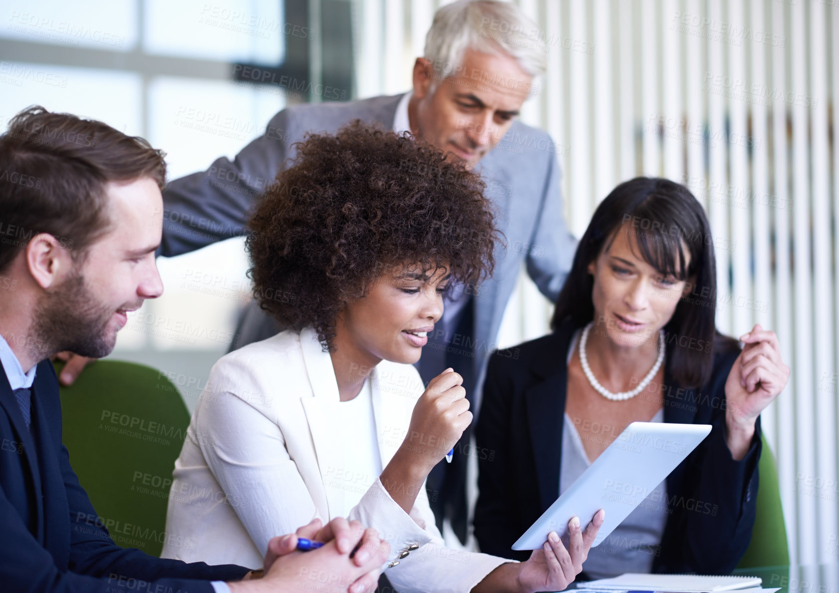 Buy stock photo Group, tablet and business people research, discussion and brainstorming online strategy in office. Collaboration, technology and diverse team planning project, CEO or consultants in meeting together