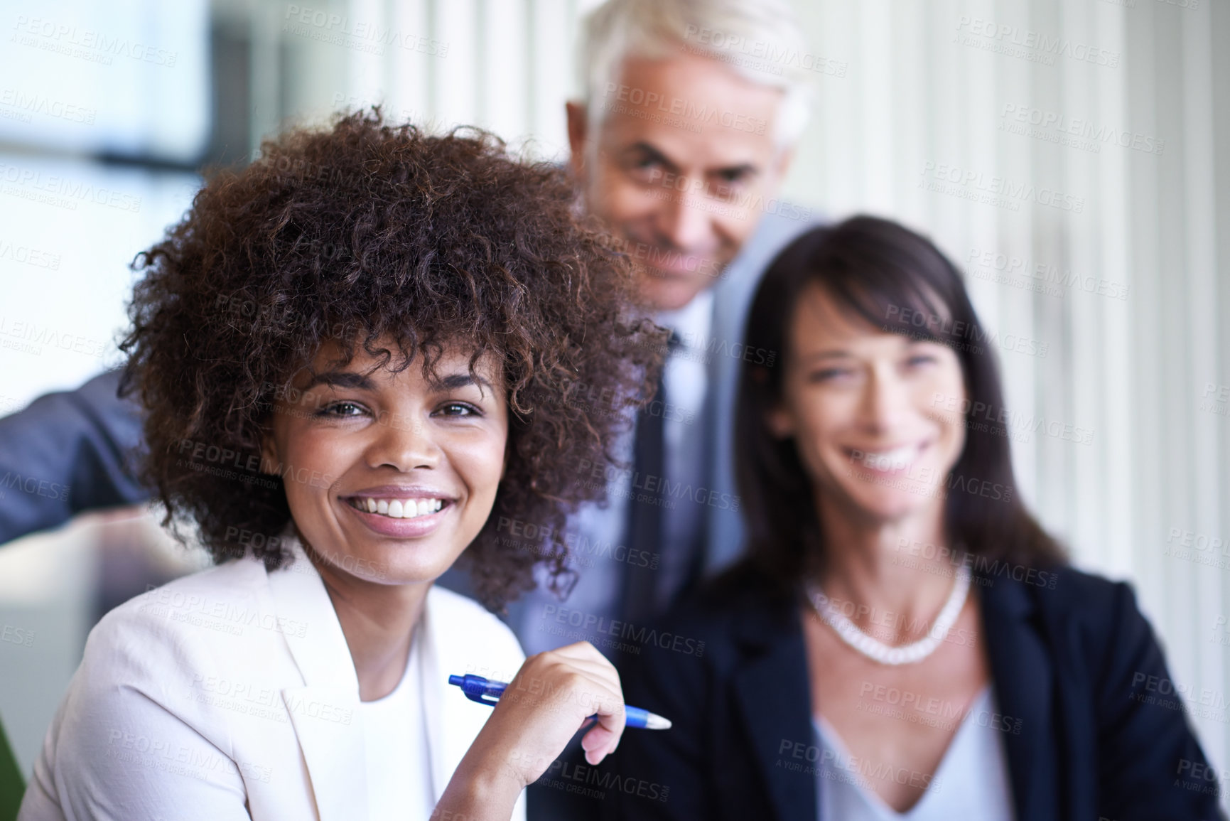 Buy stock photo Business people, woman and happy in meeting with portrait for teamwork, corporate planning and diversity in office. Professional, employees and face with smile in conference room for collaboration