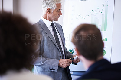 Buy stock photo Business people, leader and presentation with graphs, finance and accountant with company stats. Broker, seminar and feedback for monthly budget, economy or speaker with review for profit and meeting