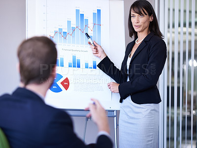 Buy stock photo Business people, speaker and presentation or conference on infographics with white board, financial statistics and sales. Meeting, employees or woman with data analytics, graph report or revenue plan