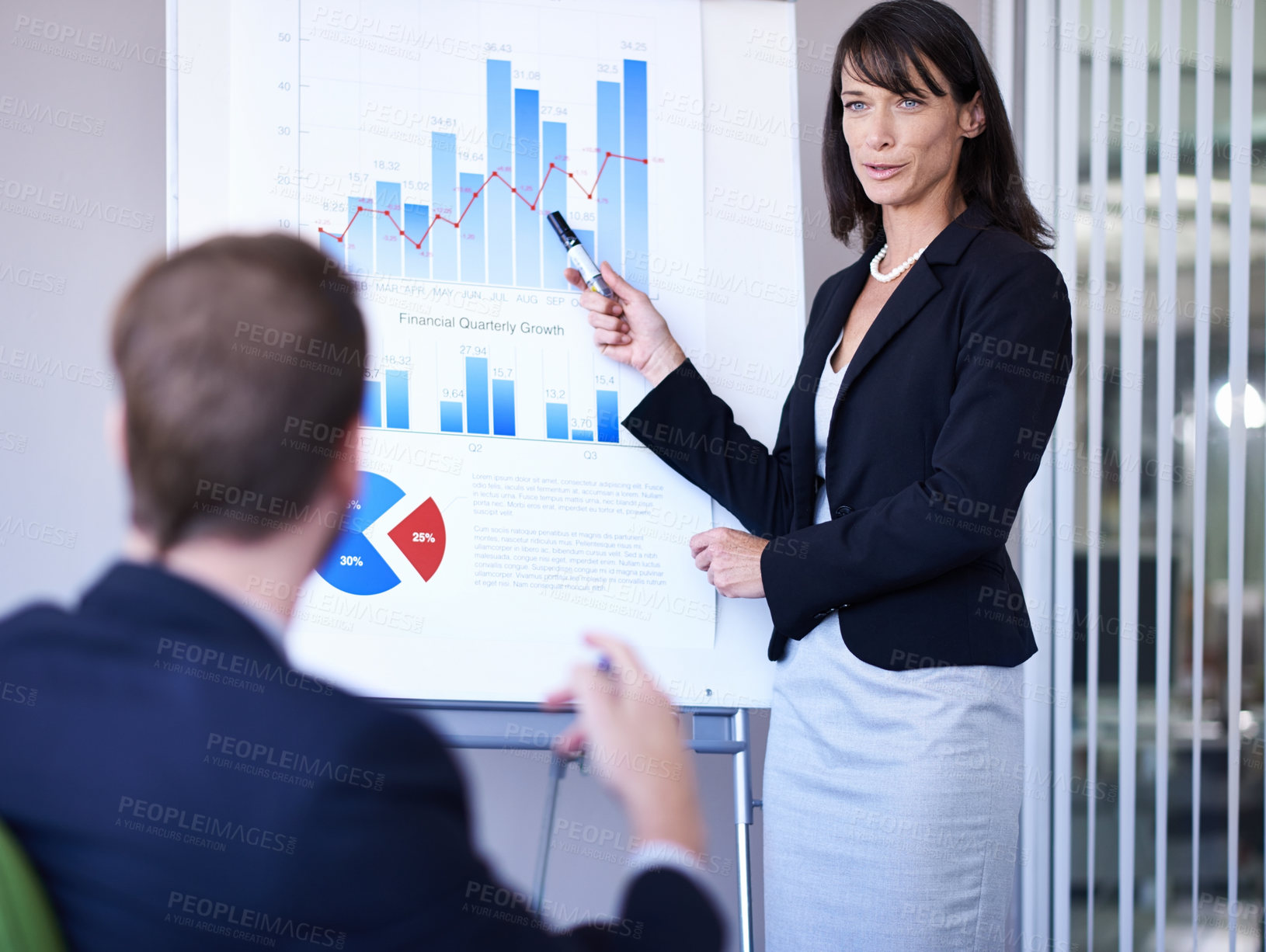 Buy stock photo Business people, speaker and presentation or conference on infographics with white board, financial statistics and sales. Meeting, employees or woman with data analytics, graph report or revenue plan