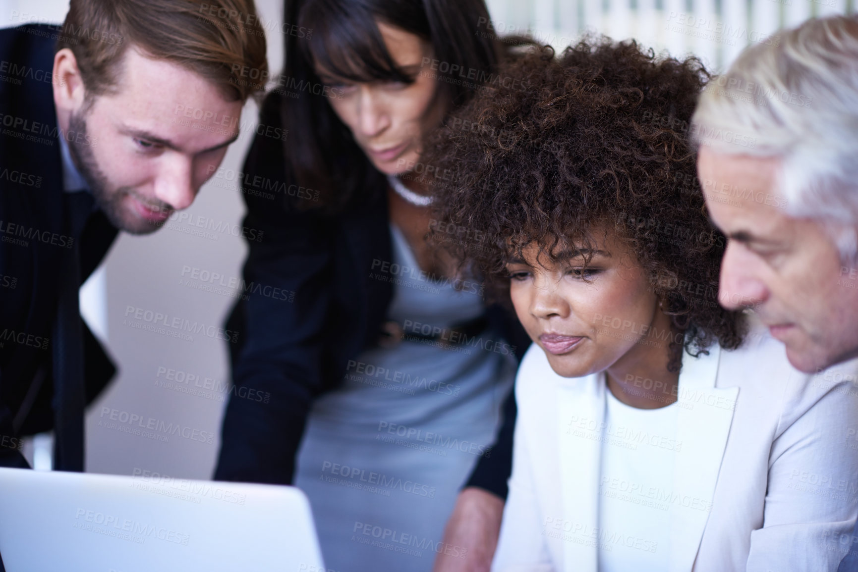 Buy stock photo Business, teamwork and discussion with diversity, laptop and technology in office. Businessman, woman and team with meeting, planning and support for corporate brainstorming with staff or partnership