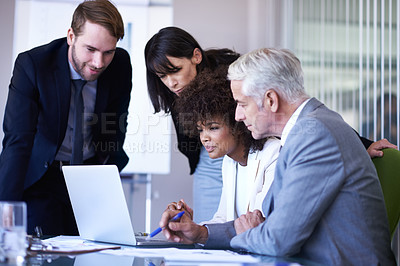Buy stock photo Business, coaching or discussion with diversity, laptop and technology in office. Businessman, woman and mentor for teamwork, planning or support for corporate brainstorming with staff or partnership