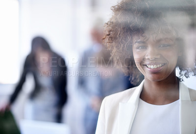 Buy stock photo Smile, window and portrait of woman in office for corporate job, seminar and business meeting. African girl, entrepreneur and pride with confidence for startup, career and conference in workplace