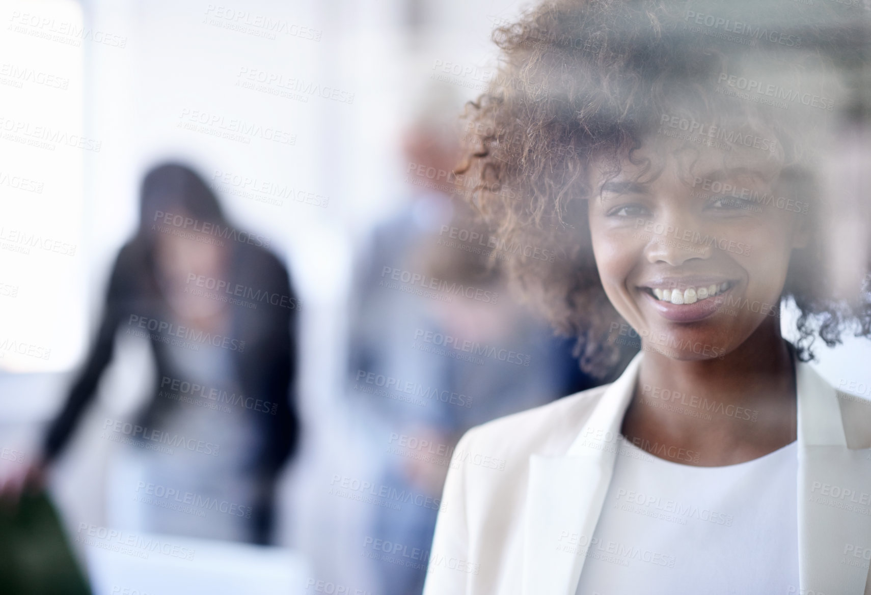 Buy stock photo Smile, window and portrait of woman in office for corporate job, seminar and business meeting. African girl, entrepreneur and pride with confidence for startup, career and conference in workplace