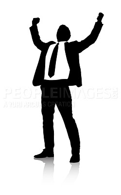 Buy stock photo Silhouette, businessman and celebration by white background for success and promotion in corporate career. Entrepreneur, victory and excited for startup growth or sales and illustration of winning