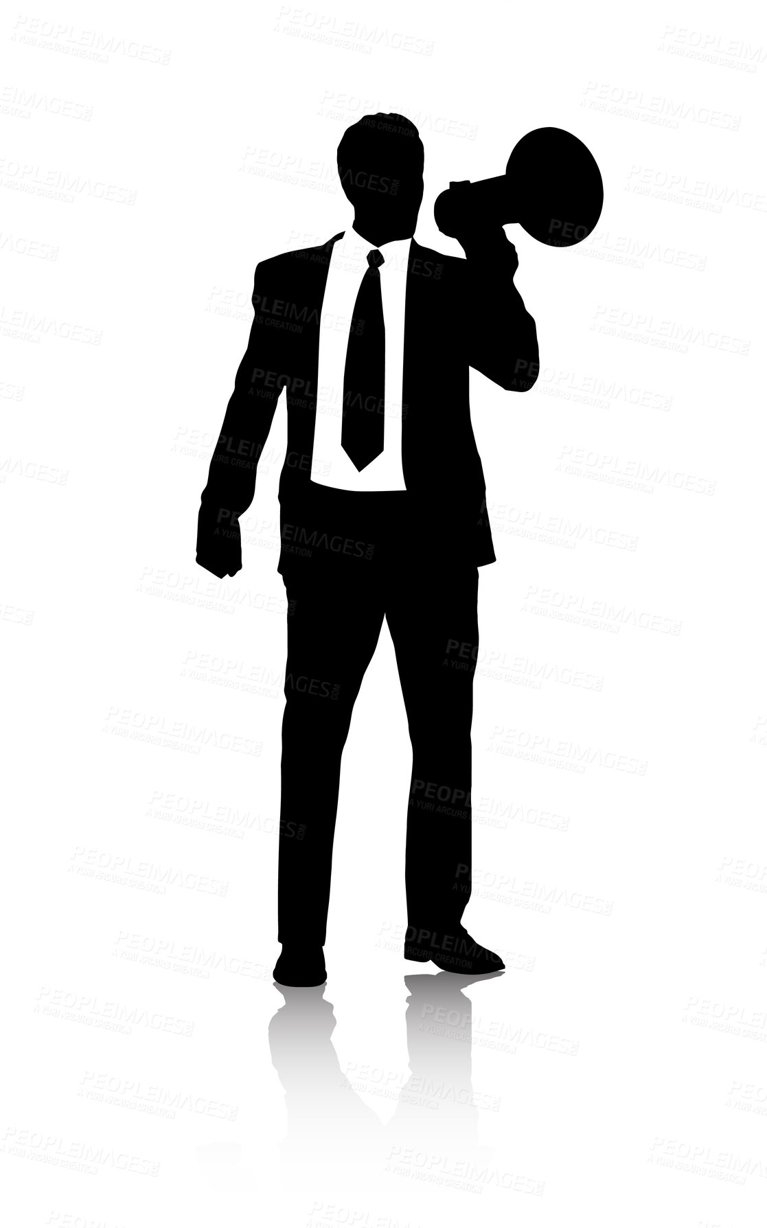 Buy stock photo Businessman, suit and talking on bullhorn by white background and silhouette of working in corporate. Hr professional, broadcast or communication of recruitment or attention for hiring in abstract