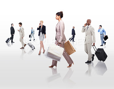 Buy stock photo Business, group and people with phone call walking, suitcase and professional with luggage for work. Employees, men and women rushing to trip for job, connecting and communicating with mobile