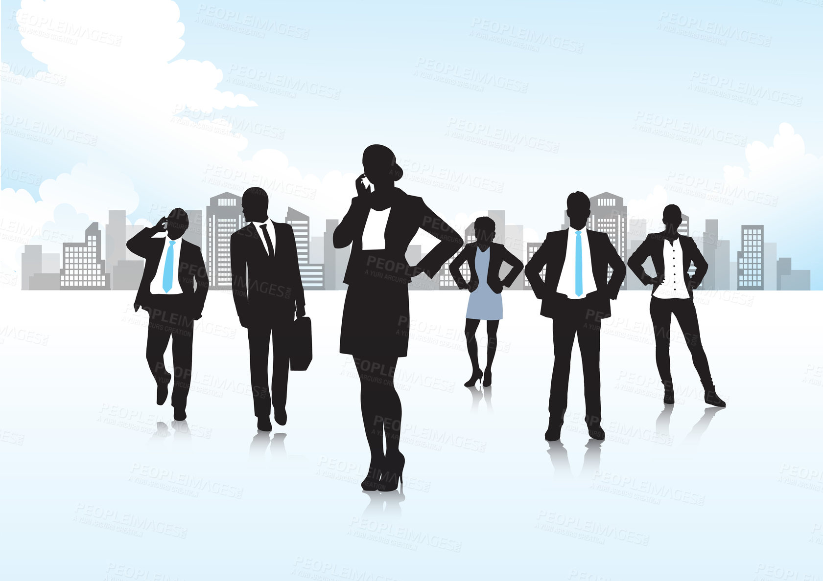 Buy stock photo Professional, business people and silhouette of career in city and phone call for networking by blue background. Entrepreneurship, talk and startup agency for growth and development in job in town