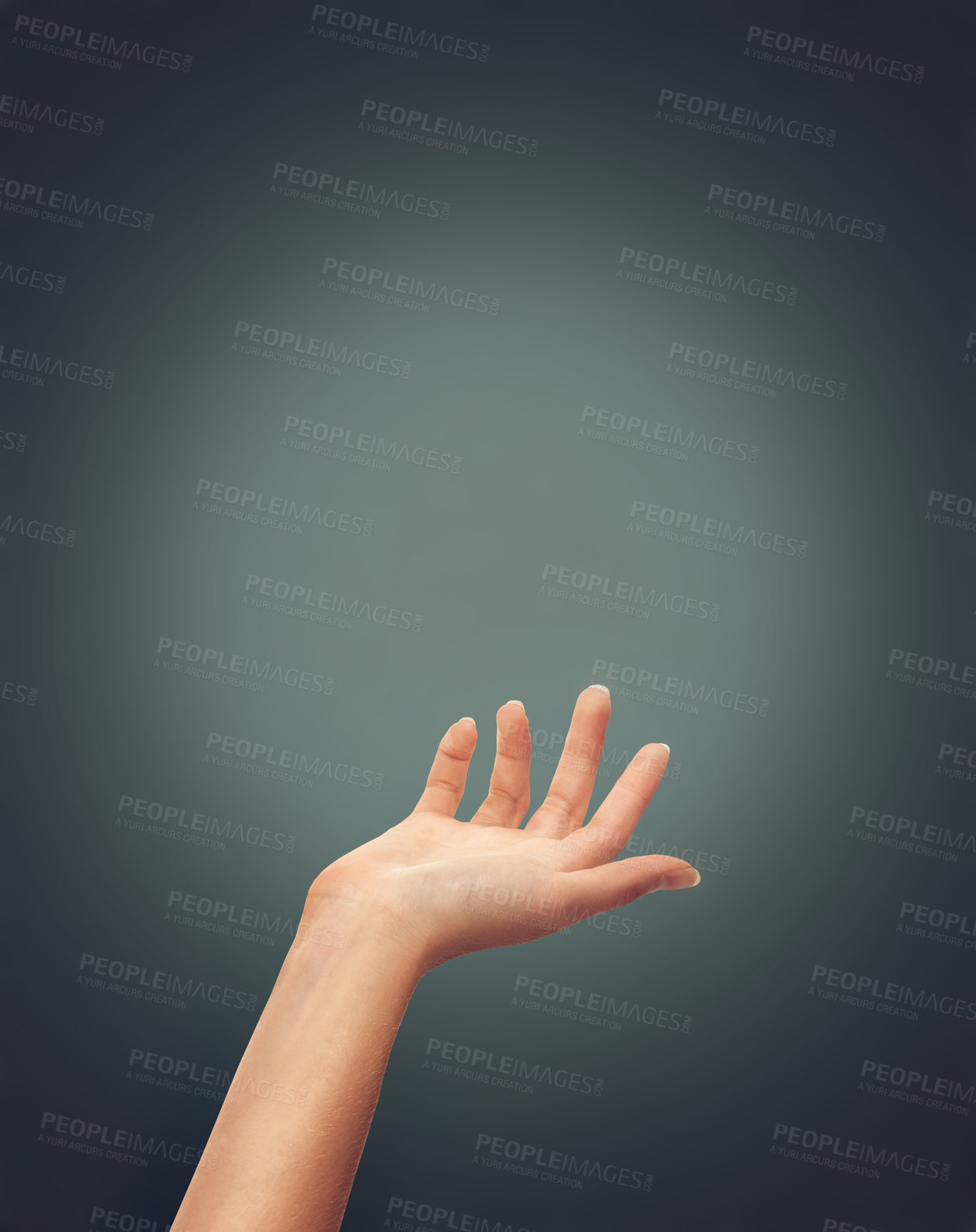 Buy stock photo Hands, help and person reaching in studio for hope, charity or guidance, care or trust on dark background space. Palm, offer and model with mockup for donation, safety or assistance, guide or support