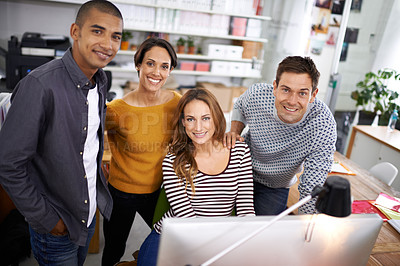 Buy stock photo Startup, casual and portrait of people at desk, teamwork and digital branding or design on laptop or computer. Happy, employees and creative for designer company or agency, collaboration and top view