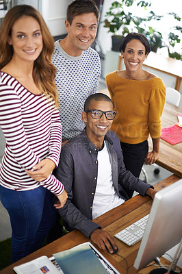 Buy stock photo Startup, casual and portrait of employees at desk, teamwork and digital branding or design on laptop or computer. Happy, people and creative for designer company or agency, collaboration and top view