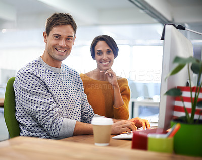 Buy stock photo Computer, smile and portrait of business people in office of startup company with creative career. Discussion, technology and team of graphic designers working on project with desktop in workplace.